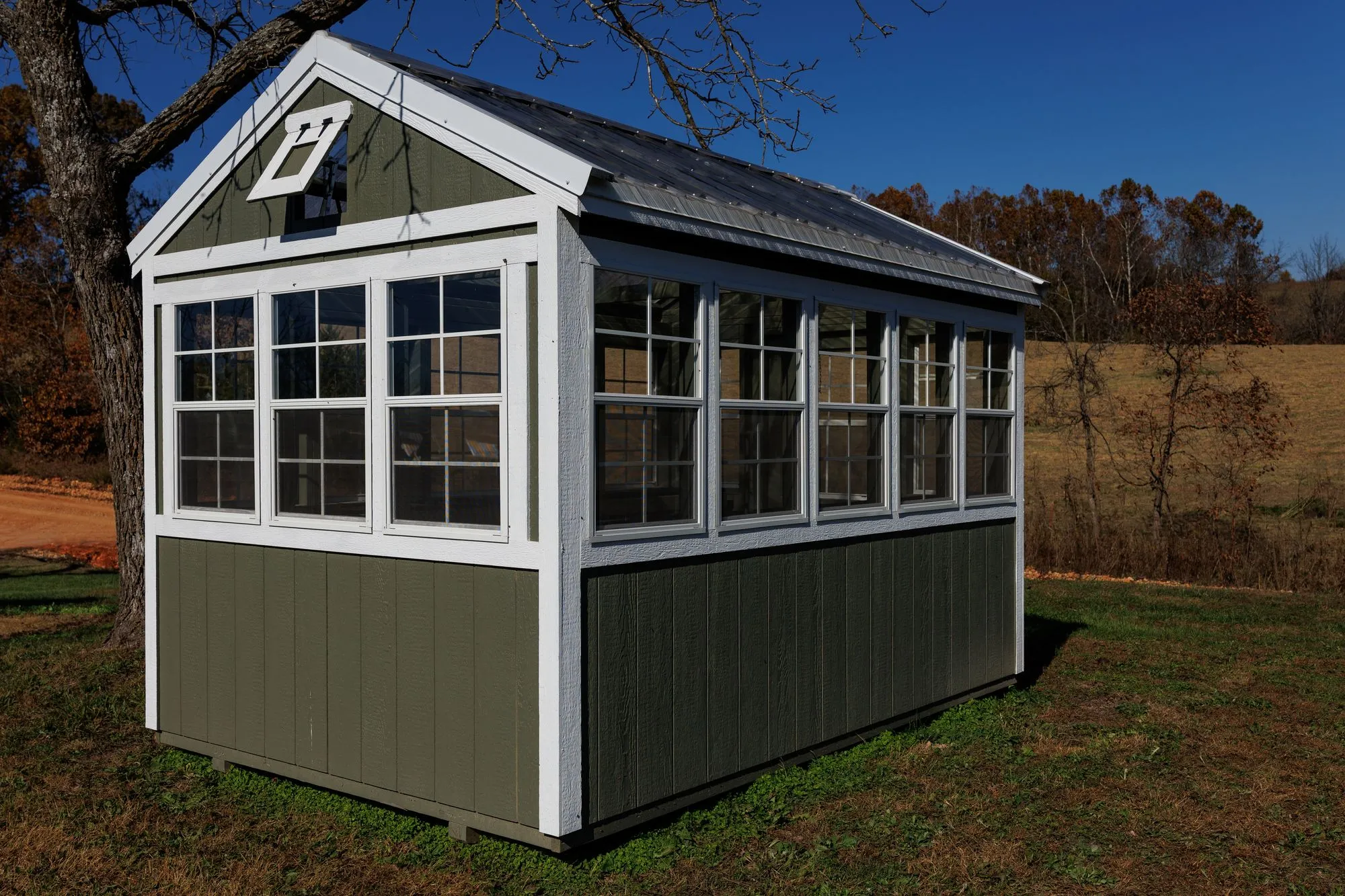 Greenhouse with olive-green siding, white trim, windows all round, on the Hawthorn lot in Rocky Comfort, Missouri